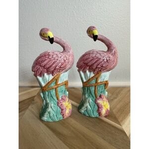 VTG Lotus Pottery Lot 2 Pink Flamingo Candle Holders Florida Tropical Decor Mint